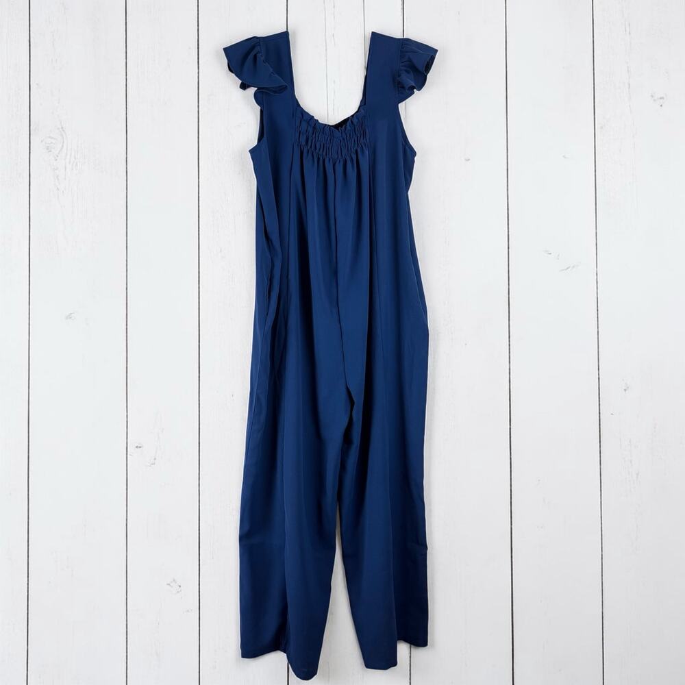 Blue Wide Leg Jumpsuit Ruffle Sleeve Smocked Neck Pockets Women's Large
